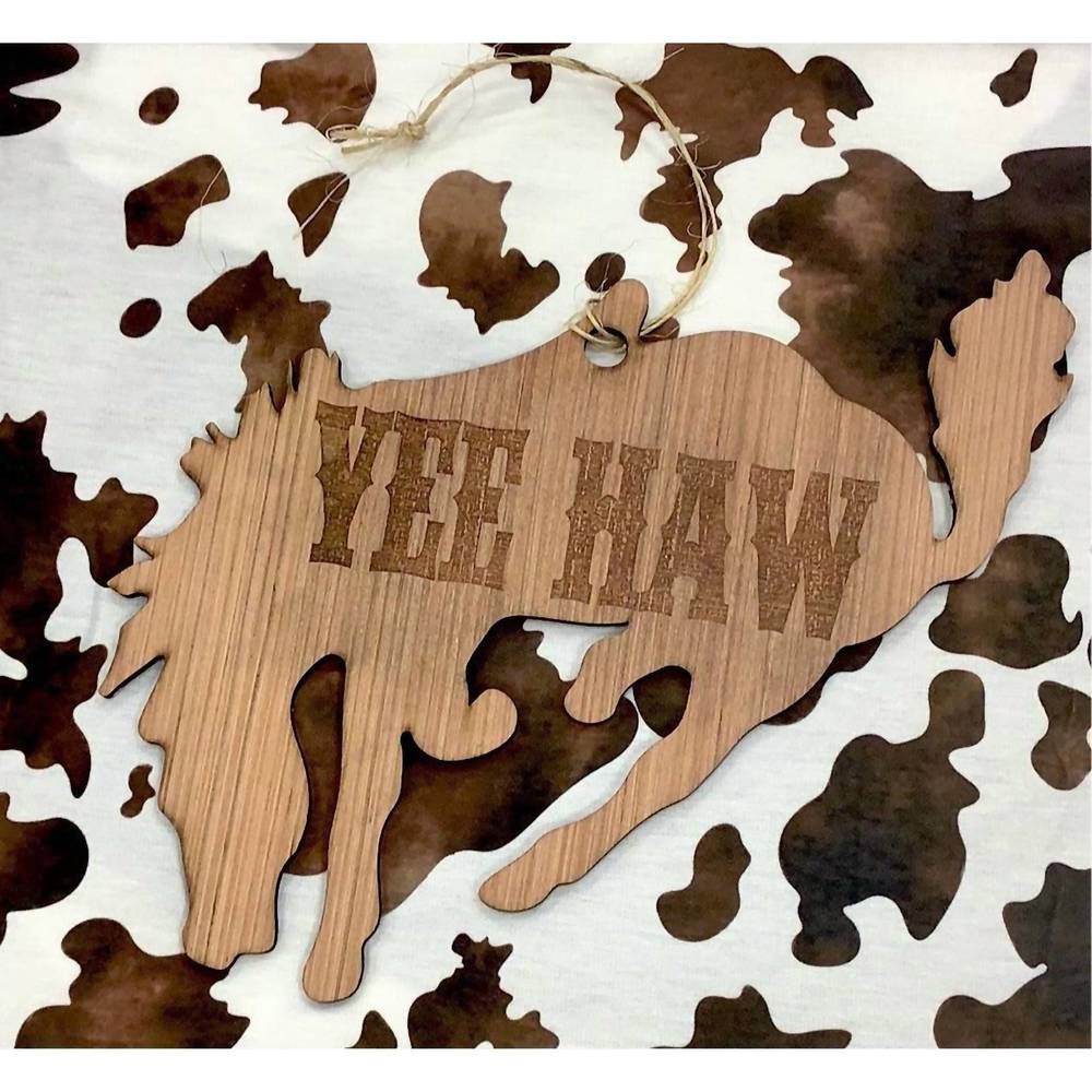 NEW THE WHOLE HERD wooden door hanger, yee haw bronco in brown